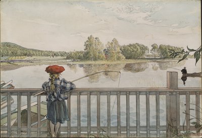 Lisbeth a la peche a la ligne - Lisbeth Angling, by Larsson, Carl (1853-1919). Watercolour and tempera on paper. Dimension : 32x43 cm. Nationalmuseum Stockholm 作者 卡尔·拉森