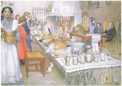 圣诞夜，大礼堂里巨大的长桌上摆满了食物（彩色石版画） 作者 卡尔·拉森