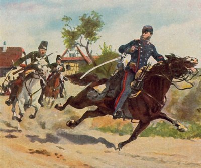 1870 年 7 月 26 日，齐柏林伯爵在施尔伦霍夫附近骑马侦察（增强型彩色石版画） 作者 卡尔·路德维希·弗里德里希（后）贝克尔