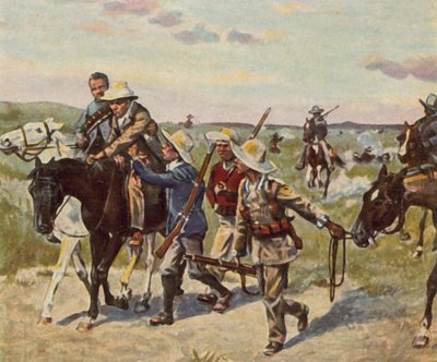 亨德里克-维特博伊在法尔格拉斯战役中的致命伤，1905 年 10 月 29 日（增强型彩色石版）。 作者 卡尔·路德维希·弗里德里希（后）贝克尔