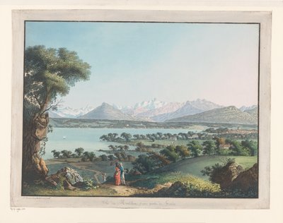 Gezicht op Genève met de Mont-Blanc in de verte
布朗山和日内瓦部分地区的景色（标题见实物） 作者 卡尔·路德维希·哈克特