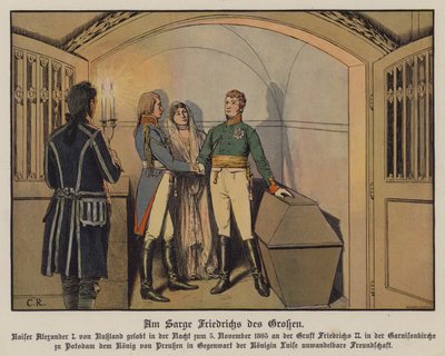 Tsar Alexander I of Russia visiting the tomb of Frederick the Great at Potsdam with King Frederick William III and Queen Louise of Prussia and swearing his unswerving friendship, 5 November 1805 (colour litho) 作者 卡尔·劳士林