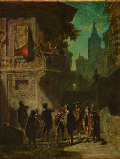来自《塞维利亚理发师》的西班牙小夜曲，约1856年。 作者 卡尔·斯皮茨维格