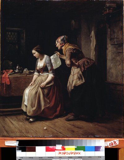 ""La lettre"" (A letter) Une domestique amene une lettre a une jeune fille au desespoir. Peinture de Carl Wilhelm Hubner (1814-1879) 19eme siecle Far Eastern Art Museum, Khabarovsk, Russie 作者 卡尔·威廉·许布纳
