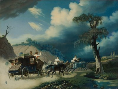 一场雷雨期间的三驾马车，1830年代。 作者 卡尔·冯·汉佩尔恩
