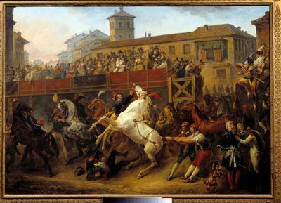 嘉年华期间免费赛马。 Carle Vernet (1758-1836) 的绘画 作者 卡尔·韦尔内