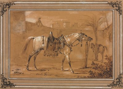 鞍马在庭院里，1820年。 作者 卡尔·韦尔内