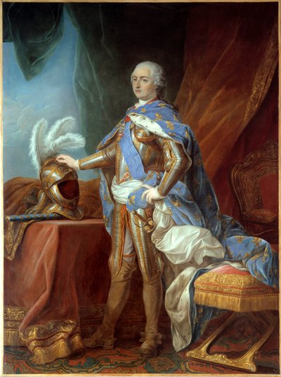 路易十五（1710-1774）的脚下肖像，身穿盔甲，手放在头盔上。卡勒-凡-卢（1705-1765）的画作，布面油画（271 x 193厘米）。 作者 卡尔·范·卢