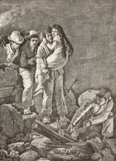 意大利卡萨米奇奥拉地震，一名女孩在房屋倒塌后获救，根据 E Sanesi 的绘图和 Carlo Ademollo（1824-1911 年）的绘画雕刻而成，摘自《意大利画报》第 12 年第 18 期，5 月 3 日 作者 Carlo Ademollo
