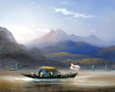 科莫湖。 一条船。 在背景上，您可以看到大约 1830 年的格罗玛山。 Bossoli 绘画。 科莫，私人 al。 作者 卡洛·博索利