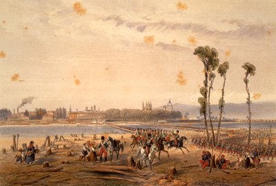1859 年，法国人在 Vercelli 通过 Sesia，作者 Carlo Bossoli（1815-1884 年），雕刻。第二次独立战争，意大利 作者 卡洛·博索利