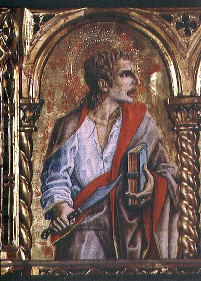 圣巴托洛缪，圣埃米迪奥多孔板画的细节 作者 Carlo Crivelli