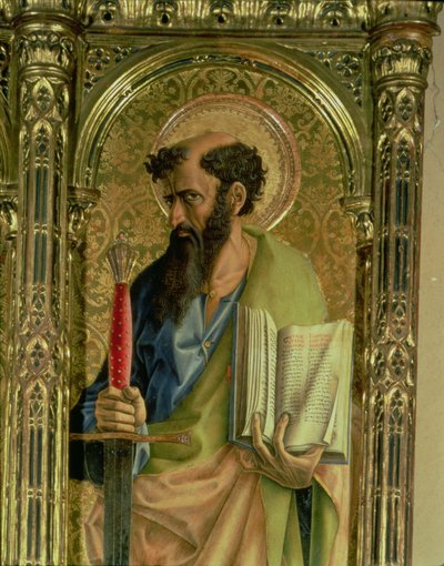 圣保罗，详细信息来自SantEmidio polyptych，1473 tempera，面板细节为76636和76646 作者 卡洛·克里维利（Carlo Crivelli）
