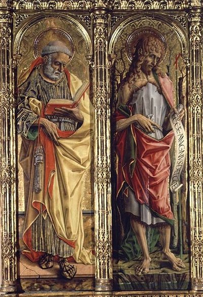 圣彼得和施洗者圣约翰，圣埃米迪奥多孔板画的细节 作者 Carlo Crivelli