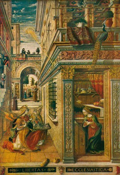 天使报喜与圣埃米迪乌斯（1486），1911年 作者 卡洛·克里维利（Carlo Crivelli）