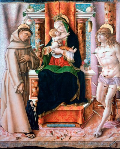 圣母子与圣徒弗朗西斯和塞巴斯蒂安，1491年 作者 卡洛·克里维利（Carlo Crivelli）