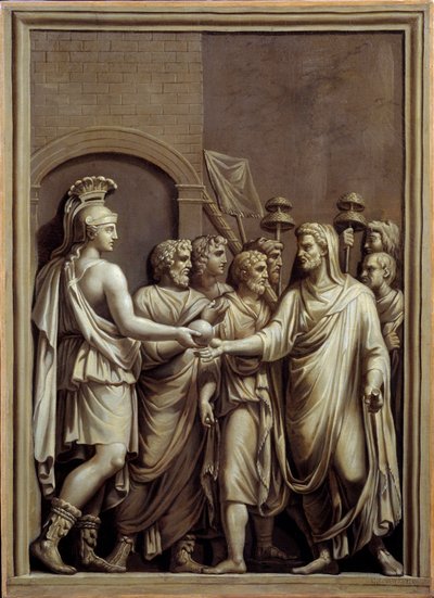 古罗马：穿长袍的战士和男人交换球体。 Carlo Labuzzi (1748-1818) 在低矮的罗马浮雕后的绘画。 布雷斯特。 美术博物馆 作者 卡洛·拉布鲁齐（Carlo Labruzzi）