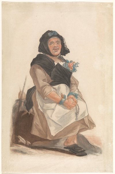 Als vrouw verkleed man met rozenkrans, zitten Besana（物体上的标题） 为佛罗伦萨公众提供娱乐的多面人物肖像（系列标题） 作者 卡洛·拉西尼奥（Carlo Lasinio）
