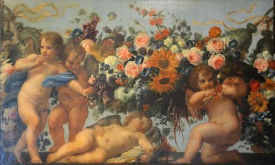 法语  Amour et guirlande de fleurs avec perroquet 《丘比特与鹦鹉的花环》（Cupids and Garlands of Flowers with a Parrot 作者 卡洛·马拉塔（Carlo Maratta）