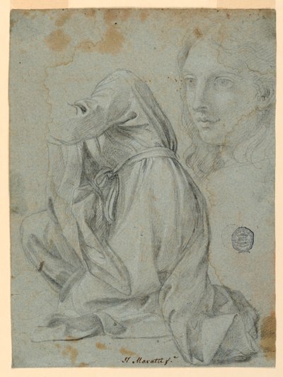 素描，研究：跪着的女人的衣服。年轻女子的头部，1650-1675 年 作者 卡洛·马拉蒂（Carlo Maratti）