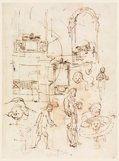 素描，建筑和人物素描，约 1760 年 作者 卡洛·马尔基奥尼