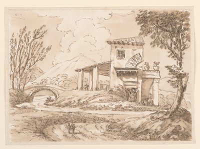 素描，带别墅的风景，1750-60 年 作者 卡洛·马尔基奥尼
