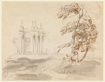 素描，风景中的树与建筑，1756-78 年 作者 卡洛·马尔基奥尼