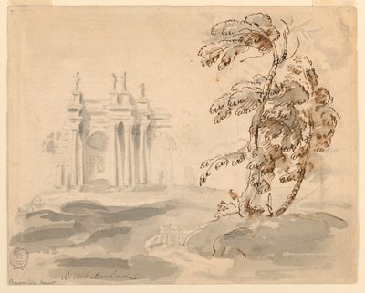 素描，风景中的树与建筑，1756-78 年 作者 卡洛·马尔基奥尼
