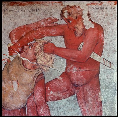 伊特鲁里亚文明：“代表特洛伊囚犯向帕特罗克洛斯献祭””，Carlo Ruspi（1786-1863）复制了公元前 4 世纪弗朗索瓦武尔奇墓的壁画。 佛罗伦萨，考古博物馆 作者 卡洛·鲁斯皮