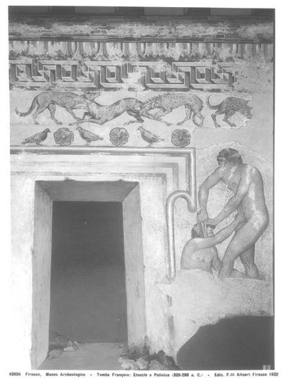 Marce Camitlnas和Cneve Tarchunies Rumach，在公元前320  -  280年的Vulci的弗朗索瓦墓中重建伊特鲁里亚壁画（壁画）（另见212368,214590,214591） 作者 Carlo Ruspi