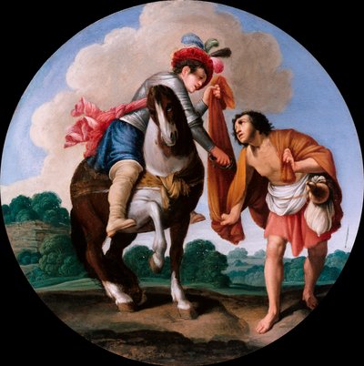 "圣马丁和一个乞丐》卡洛-萨拉切尼（1579-1620）的画作，约1608-1610 - 铜上油彩，直径21厘米 柏林国家博物馆。 作者 卡罗萨拉切尼