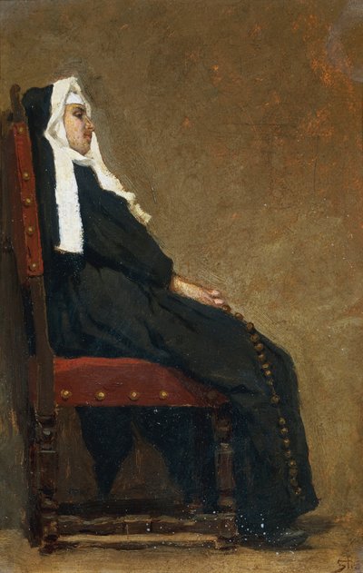 《修女》，卡洛·斯特拉利亚蒂（Carlo Stragliati，1869-1925）创作，纸板油画，30.5x20.5 厘米。 作者 卡洛·斯特拉格里亚蒂