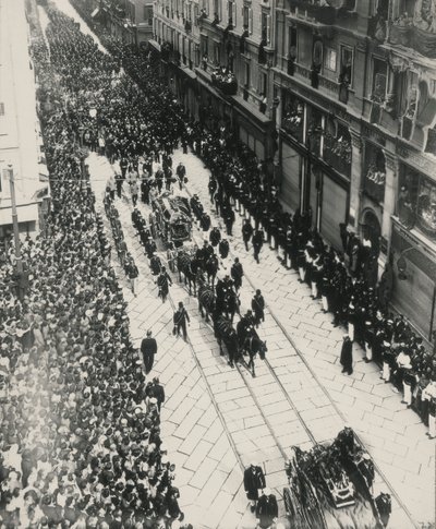 7 月 28 日，奥地利大公弗朗茨·斐迪南 (Franz Ferdinand) 和他的妻子葬礼在萨拉热窝 (Sarajevo) 遇难 作者 Carlo Wulz