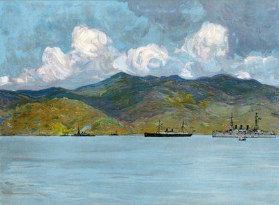 我们的战争船只在1898年6月3日在古巴圣地亚哥附近海岸 作者 Carlton Theodore Chapman