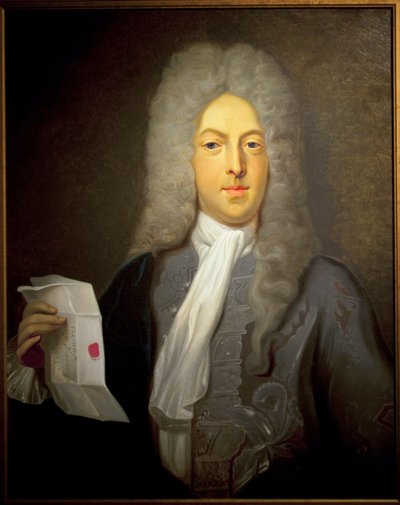 约翰·劳 (John Law)（1671-1729 年）的肖像，苏格兰金融家和法国财务总监，对 1720 年的破产负有责任。卡西米尔·巴尔萨扎 (Casimir Balthazar)（1811-1875 年）绘画，布面油画 作者 卡西米尔·德·巴尔塔萨