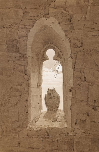 猫头鹰在哥特式窗户。约于1836年 作者 卡斯珀·大卫·弗里德里希（Caspar David Friedrich）