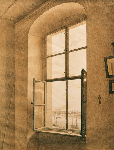 德语：Blick aus dem Atelier des Künstlers in Dresden auf die Elbe (linkes Fenster) 俯瞰易北河畔德累斯顿的艺术家工作室（左窗） 作者 卡斯珀·大卫·弗里德里希（Caspar David Friedrich）
