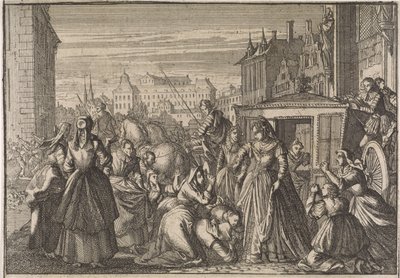1645 年，巴黎妇女跪在安娜王后面前，乞求她降低税收 作者 Caspar Luyken（归因于）