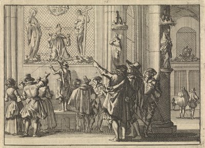 1629 年，在登博斯被占领后的教堂中发现的彩绘窗户，描绘了耶稣与玛丽亚之间的吉斯贝图斯-马里乌斯主教。 作者 卡斯珀·路肯（Caspar Luyken）