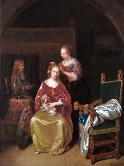 一位如厕的女士，约 1665 年（橡木板上的油画） 作者 卡斯珀·内舍尔