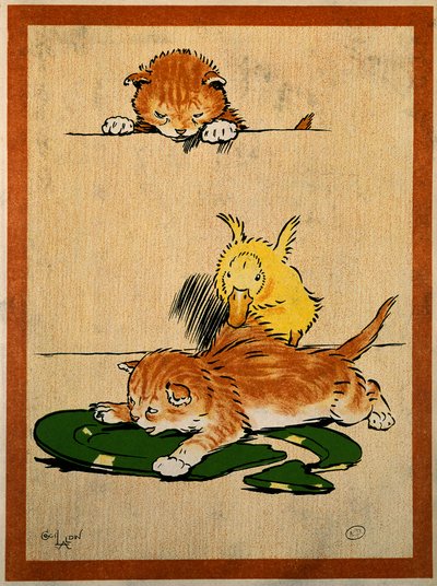 猫与鸭。 Cecil Aldin (1870-1935) 的绘画。 巴黎，装饰艺术 作者 塞西尔·查尔斯·温莎·奥尔丁