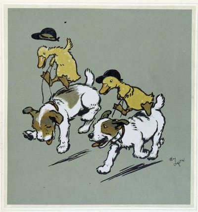 鸭子在狗身上 "骑马"--载于《快乐的聚会》，塞西尔-阿尔丁插图，Hodder & Stoughton编辑，伦敦 作者 塞西尔·查尔斯·温莎·奥尔丁