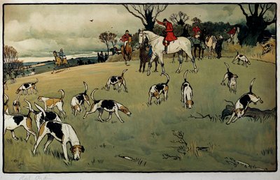 狩猎场景，塞西尔·奥尔丁（Cecil Aldin，1870-1935 年）19 世纪私人收藏的足迹水彩画 作者 塞西尔·查尔斯·温莎·奥尔丁