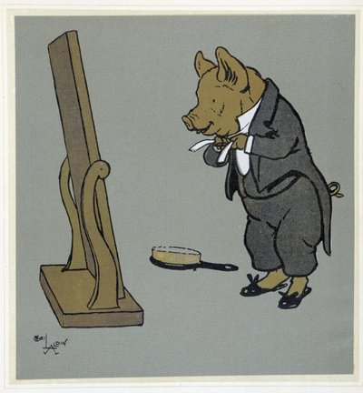 Pig se 梳理，调整子结 de tie devant un miroir - 在“快乐派对”中，生病了。 作者：塞西尔·奥尔丁，编辑。 霍德和斯托顿，伦敦 作者 塞西尔·查尔斯·温莎·奥尔丁