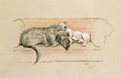 猎狼犬和斗牛梗睡在沙发上（纸上粉彩） 作者 塞西尔·查尔斯·温莎·奥尔丁