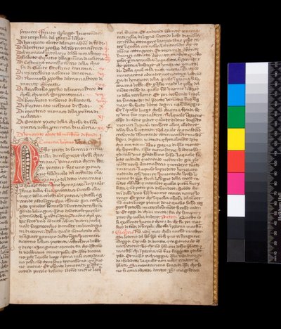 148号文件。格雷戈里大帝，意大利语对话，由多米尼克-卡瓦尔卡翻译，第2r页 红色墨水装饰字母[N]，棕色墨水润色。 作者 中央意大利学校