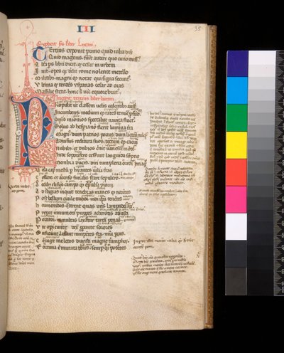 Ms 325. Lucan, Bellum Civile, and other works, f.35r. Parted Initial [P] in red and blue with contrasting pen flourishing, c.1353 (parchment) 作者 中央意大利学校