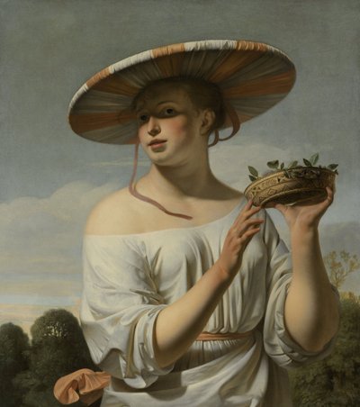 戴大帽子的女孩，约1645-50年（布面油画） 作者 塞萨尔·博蒂乌斯·范·埃弗丁根