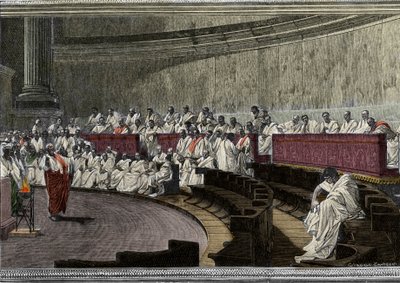 Ciceron denounces the conspirator Catilina (Lucius Sergius Catilina) (108-62 BC) on 8 November 63 BC, The scene deroule in Rome in the Senate, engraved after the fresco made between 1882 and 1888 by Cesare Maccari (1840-1919). Rome Palazzo Madama. 作者 切萨雷（后）马卡里