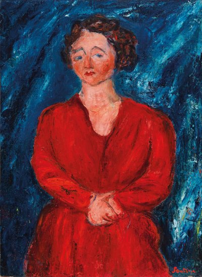 红衣女子与蓝色背景，约1928年。 作者 Chaim Soutine